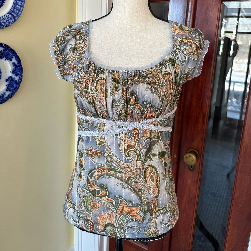Moa Moa | 90s Y2K Boho Ruched Peasant Short Sleeve Blue Paisley Blouse, Size L